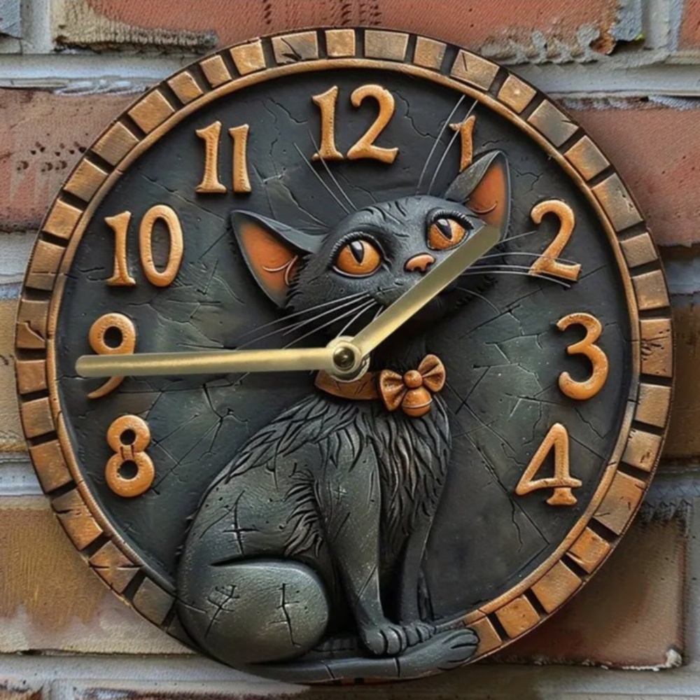 NIB! Adorable Black Cat with Orange Bow Tie Clock!